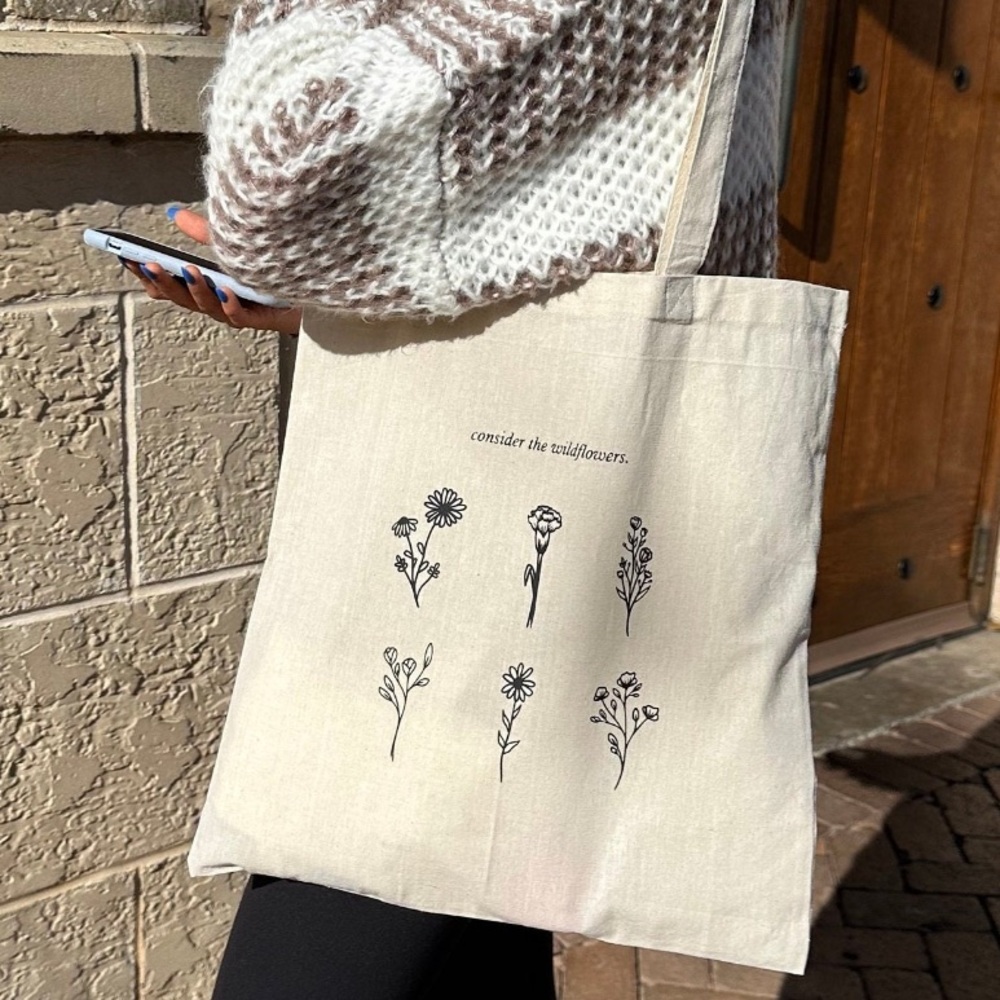 Christian Faith Tote Bag Consider the Wildflowers Christian Merch Bible Bag